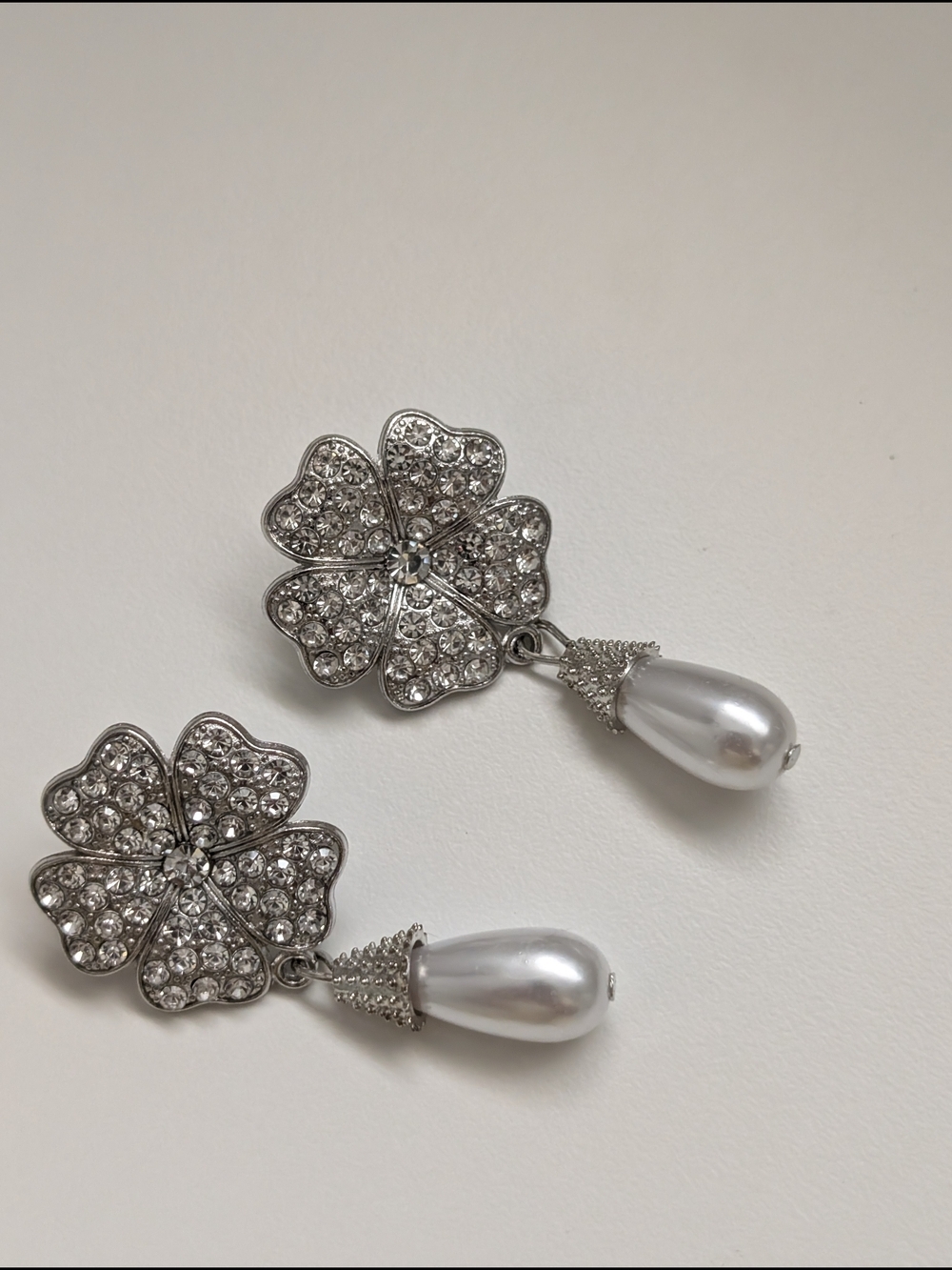 Silver Crystal Flower Drop Earrings with Pearl Teardrops